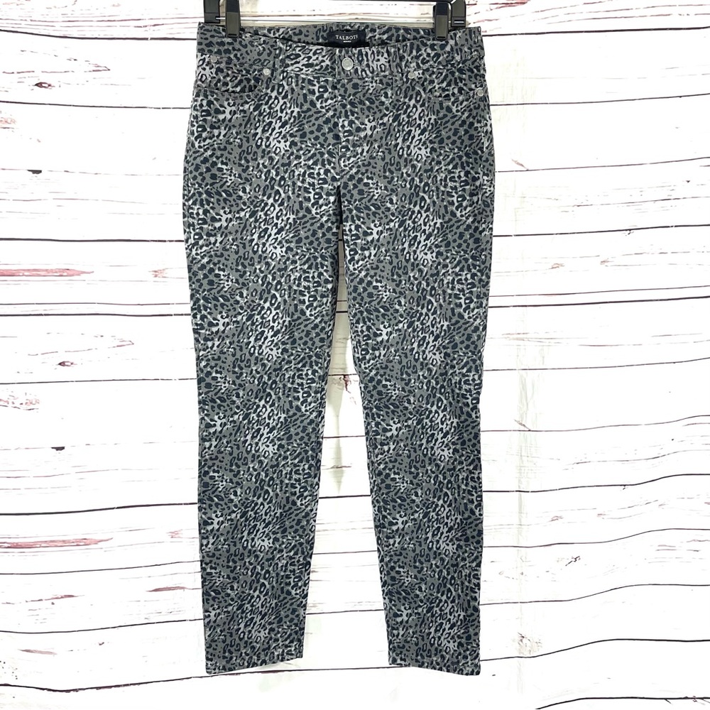 Talbots Signature Jeans Straight Leg Black Gray Leopard Print Petite size 6P